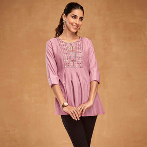 Pink Floral Embroidered Rayon Top