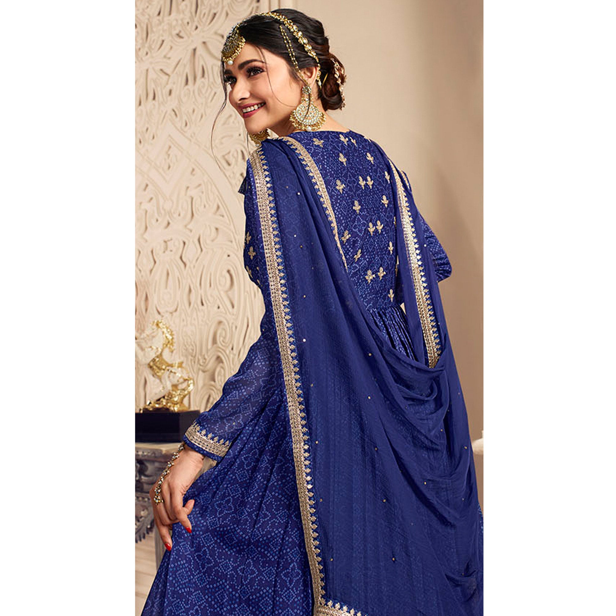 Blue Printed With Embroidered Chiffon Gown