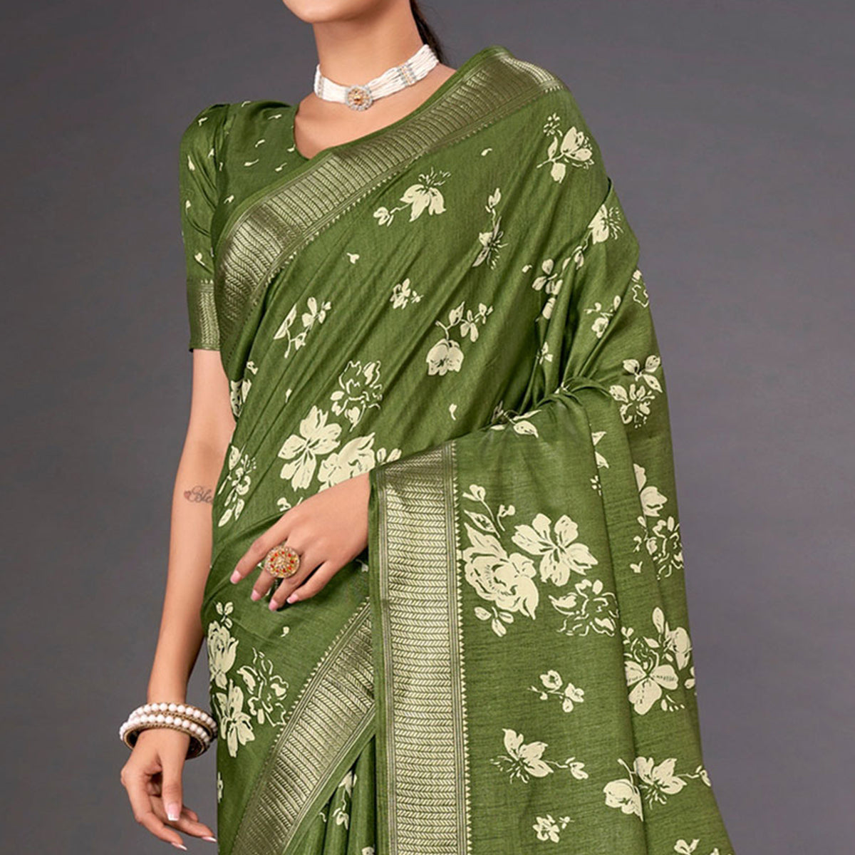 Green Floral Printed Dola Silk Saree