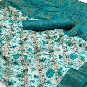 Rama Blue Digital Printed Cotton Silk Saree