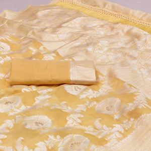 Yellow Woven Cotton Blend Saree With Tassels