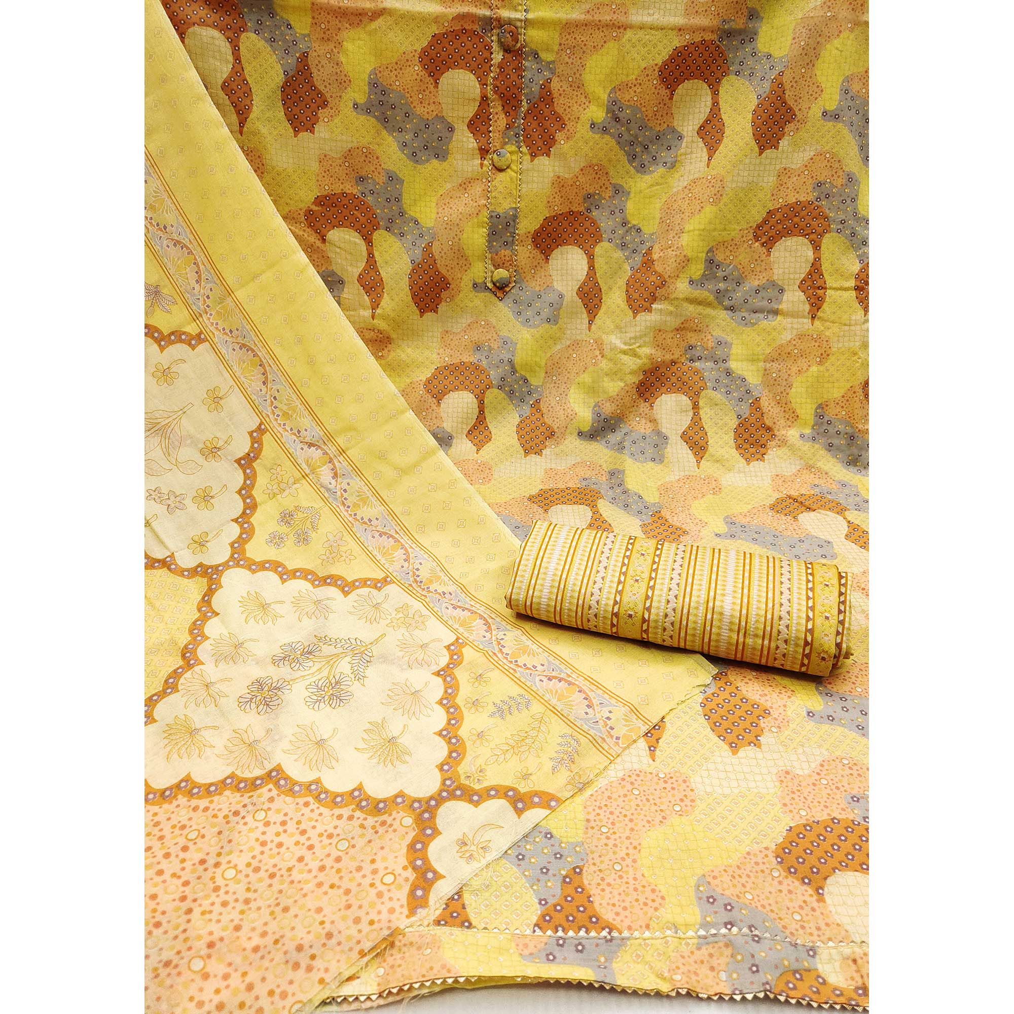 Yellow Printed Cotton Blend Dress Material