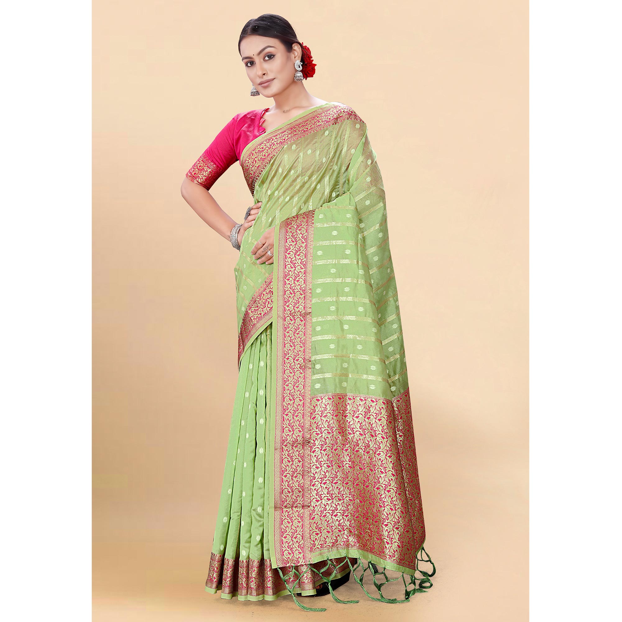 Green Woven Organza Saree With Tassels