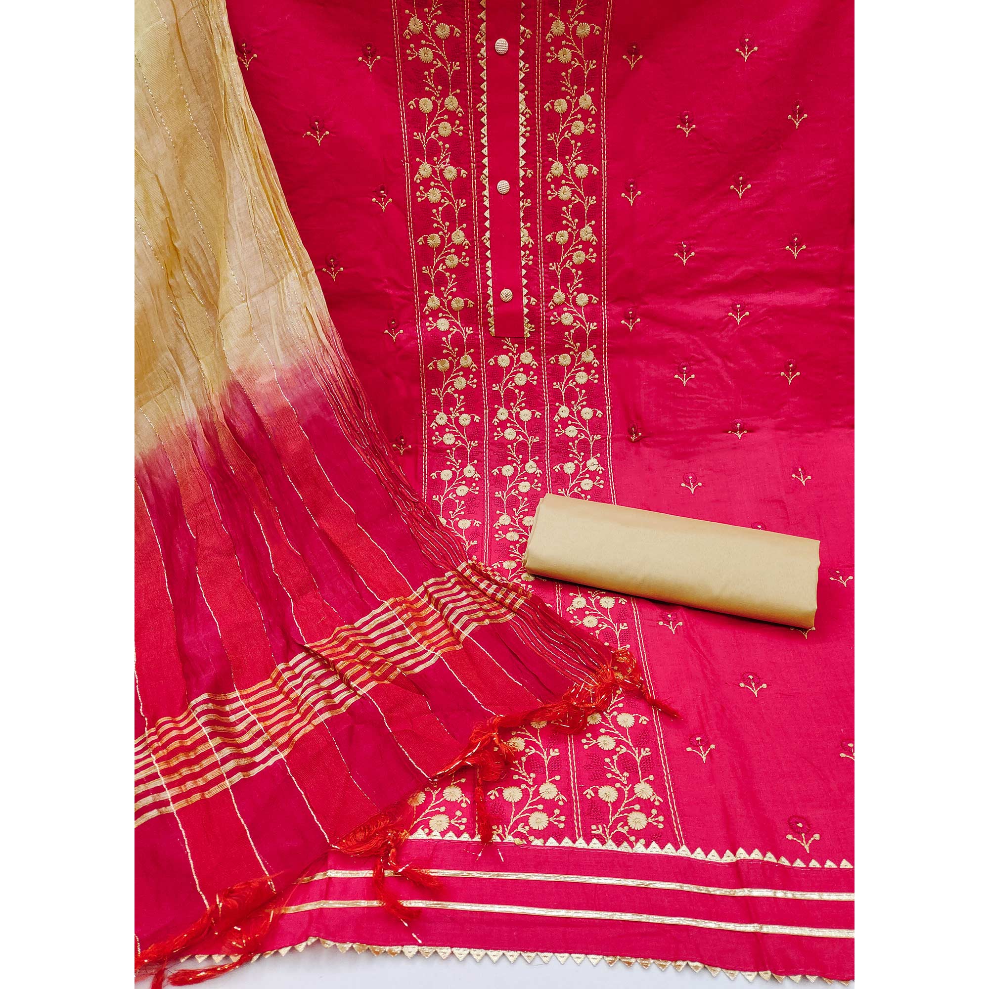 Pink Floral Embroidered Cotton Blend Dress Material