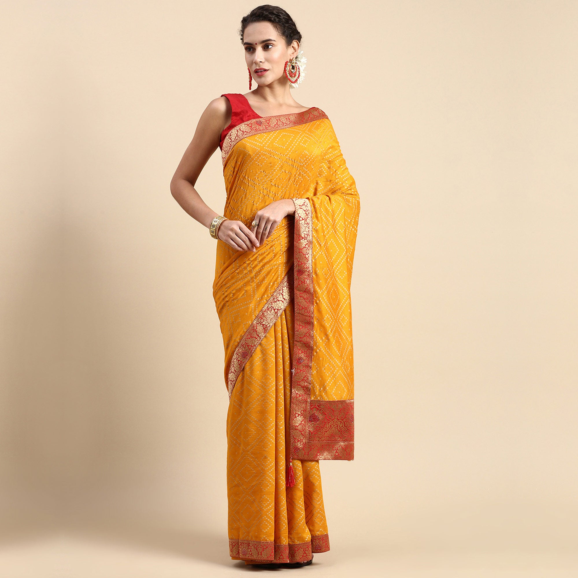 Yellow Foil Printed With Swarovski Vichitra Silk Saree