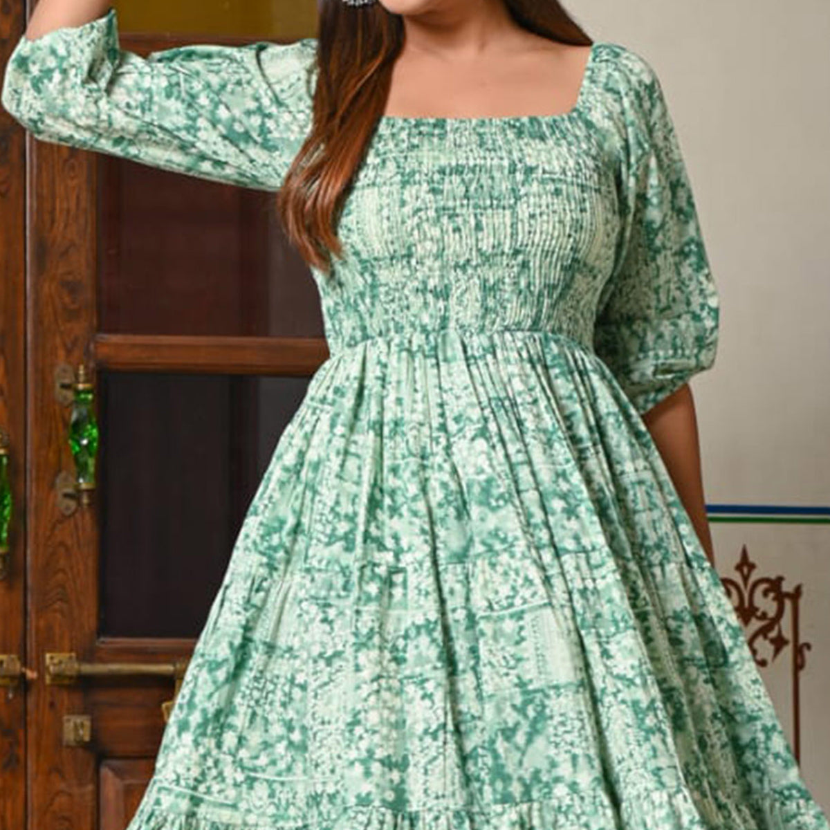 Turquoise Floral Printed Pure Cotton Dress