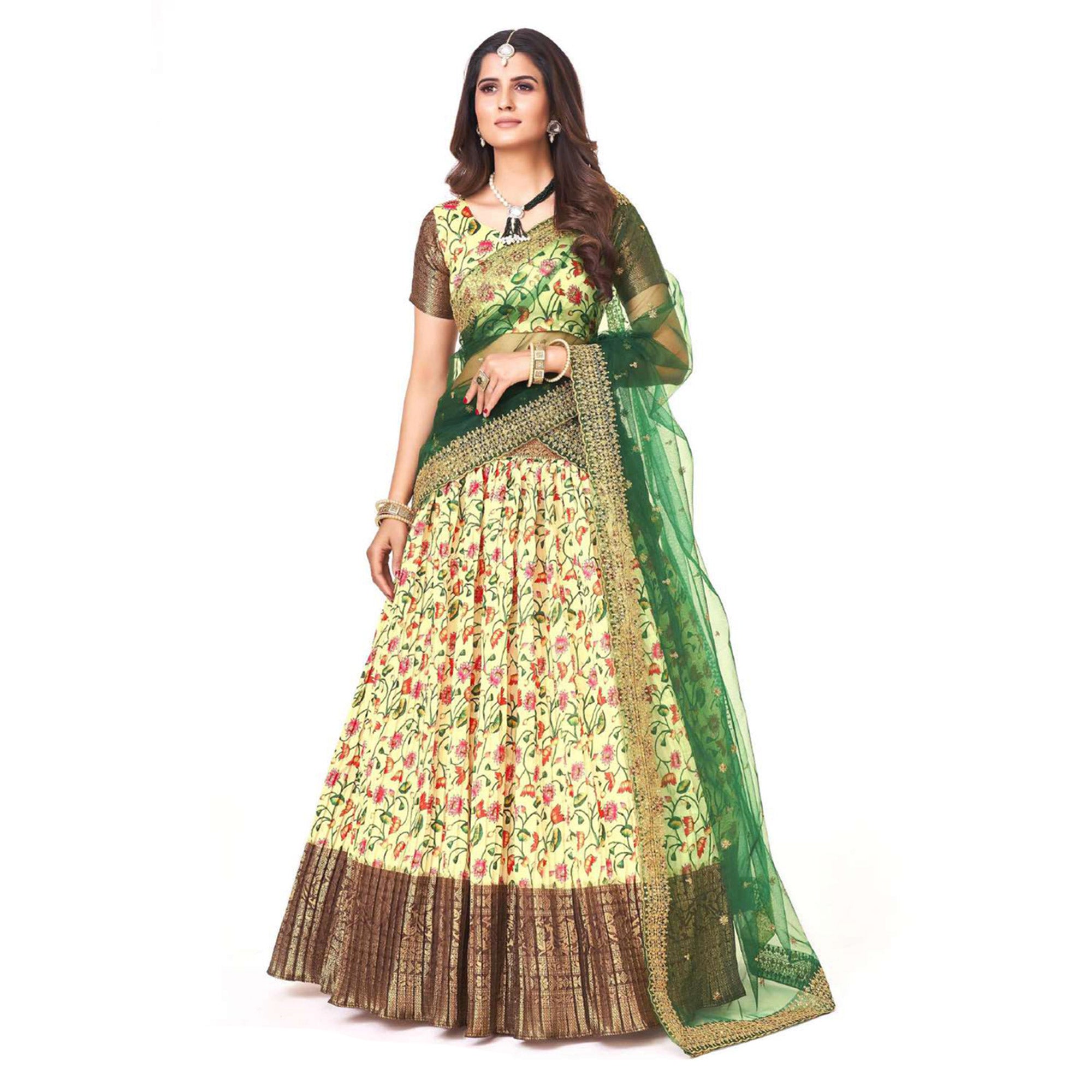 Lime Yellow Digital Printed With Zari Work Art Silk Lehenga Choli