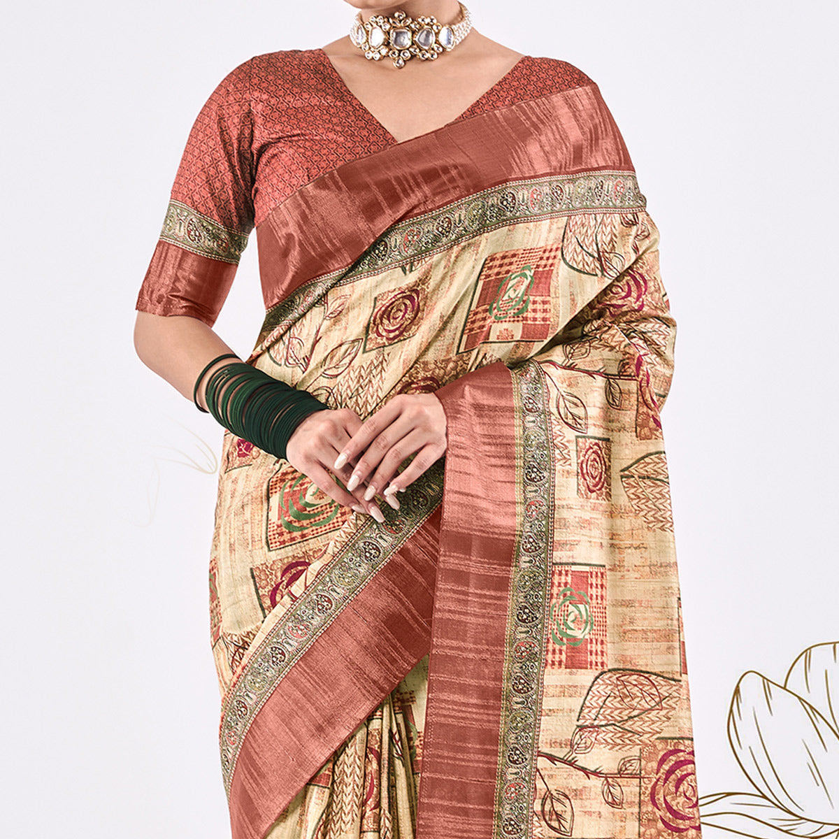 Beige Printed Art Silk Saree