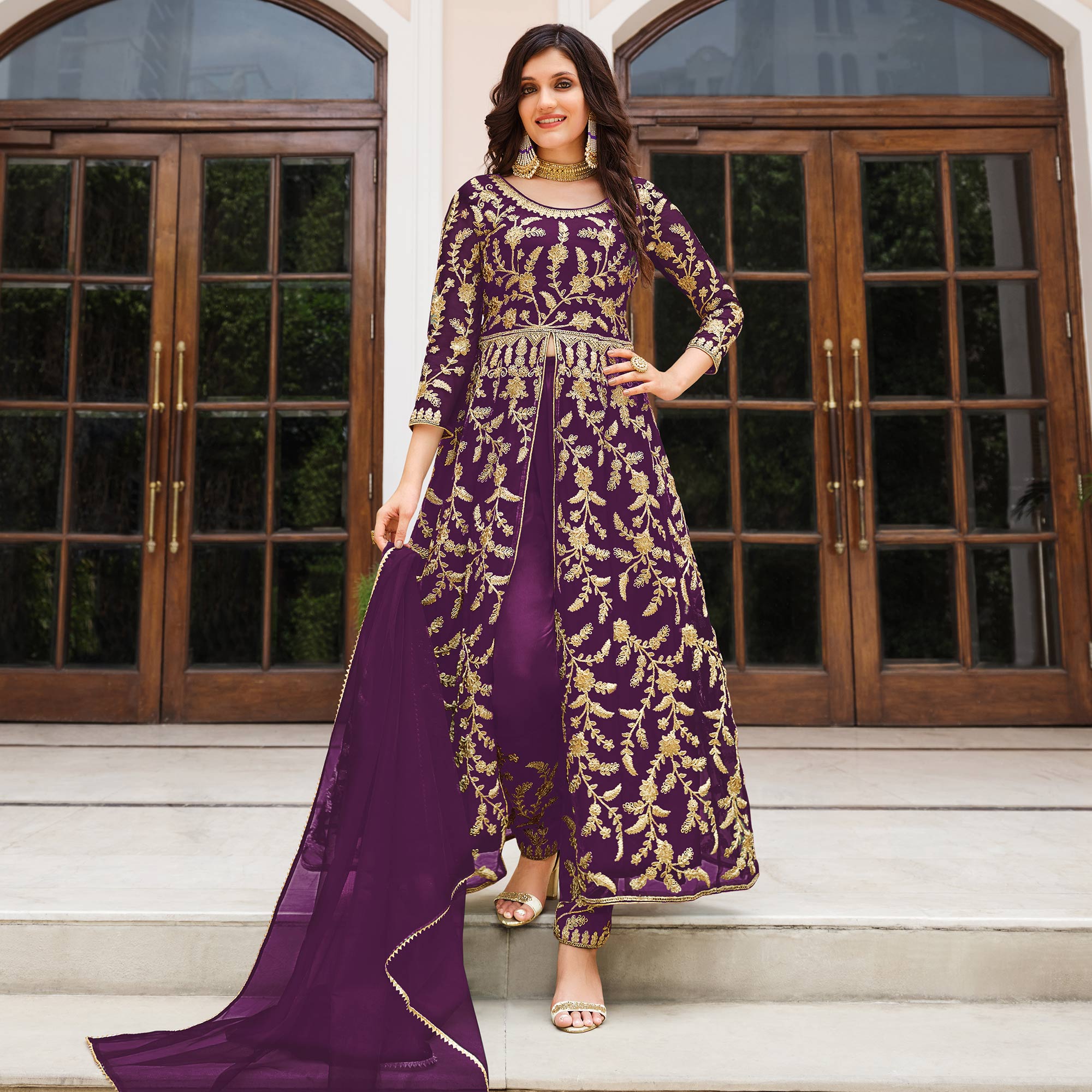 Purple Floral Embroidered Net Suit