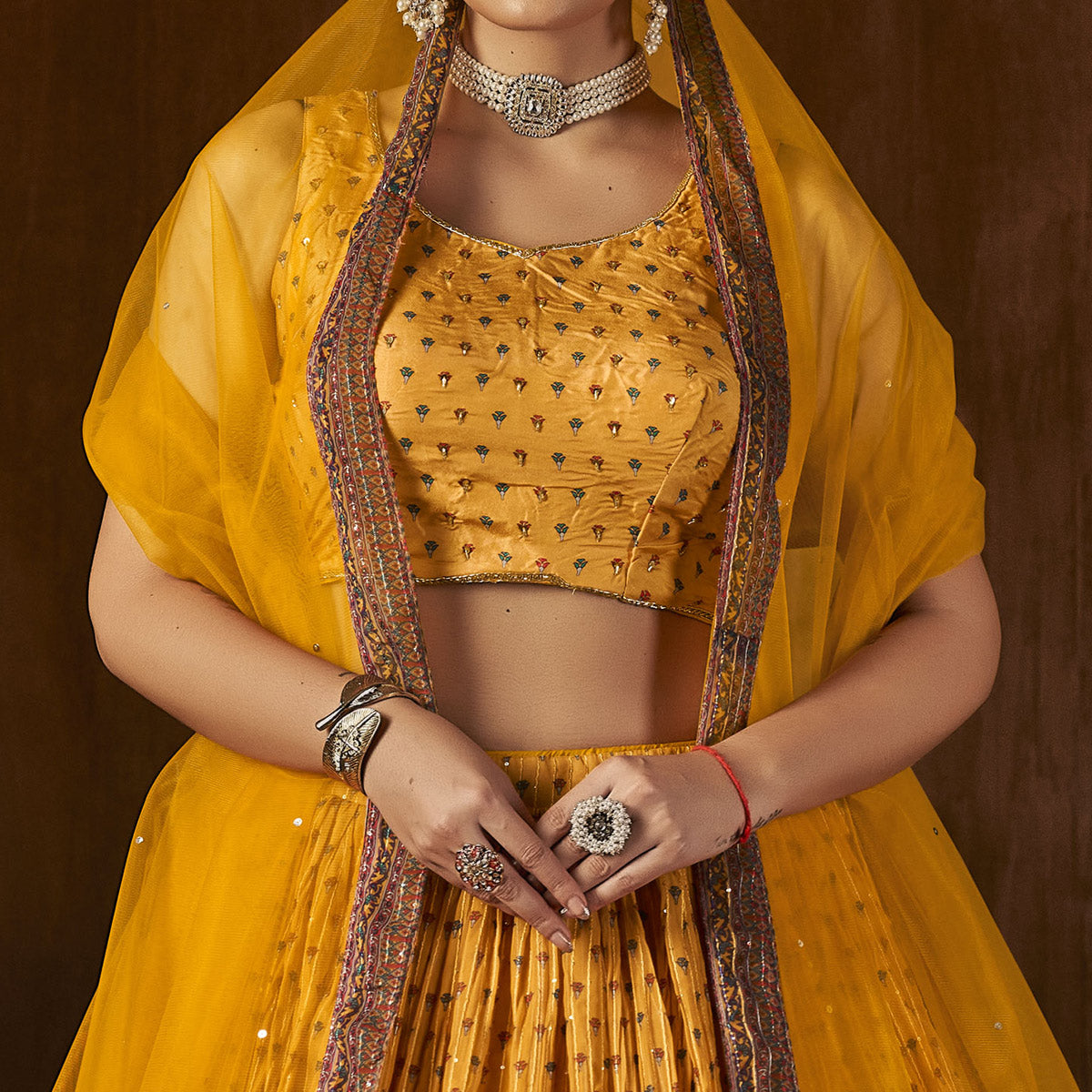 Mustard Printed With Sequins Work Georgette Lehenga Choli