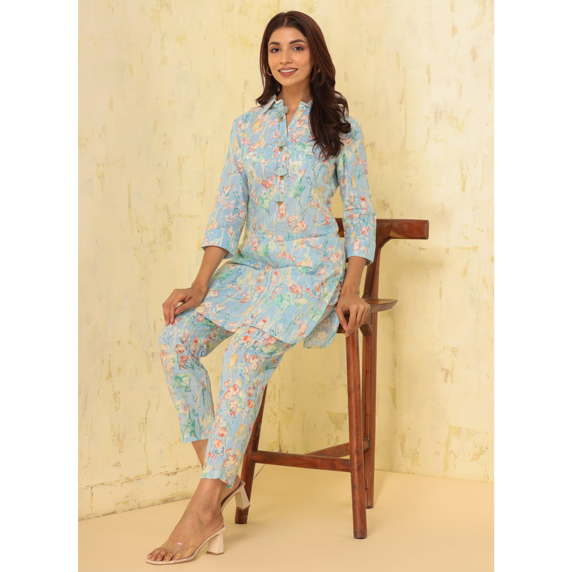 Blue Floral Printed Pure Cotton Co Ord Set
