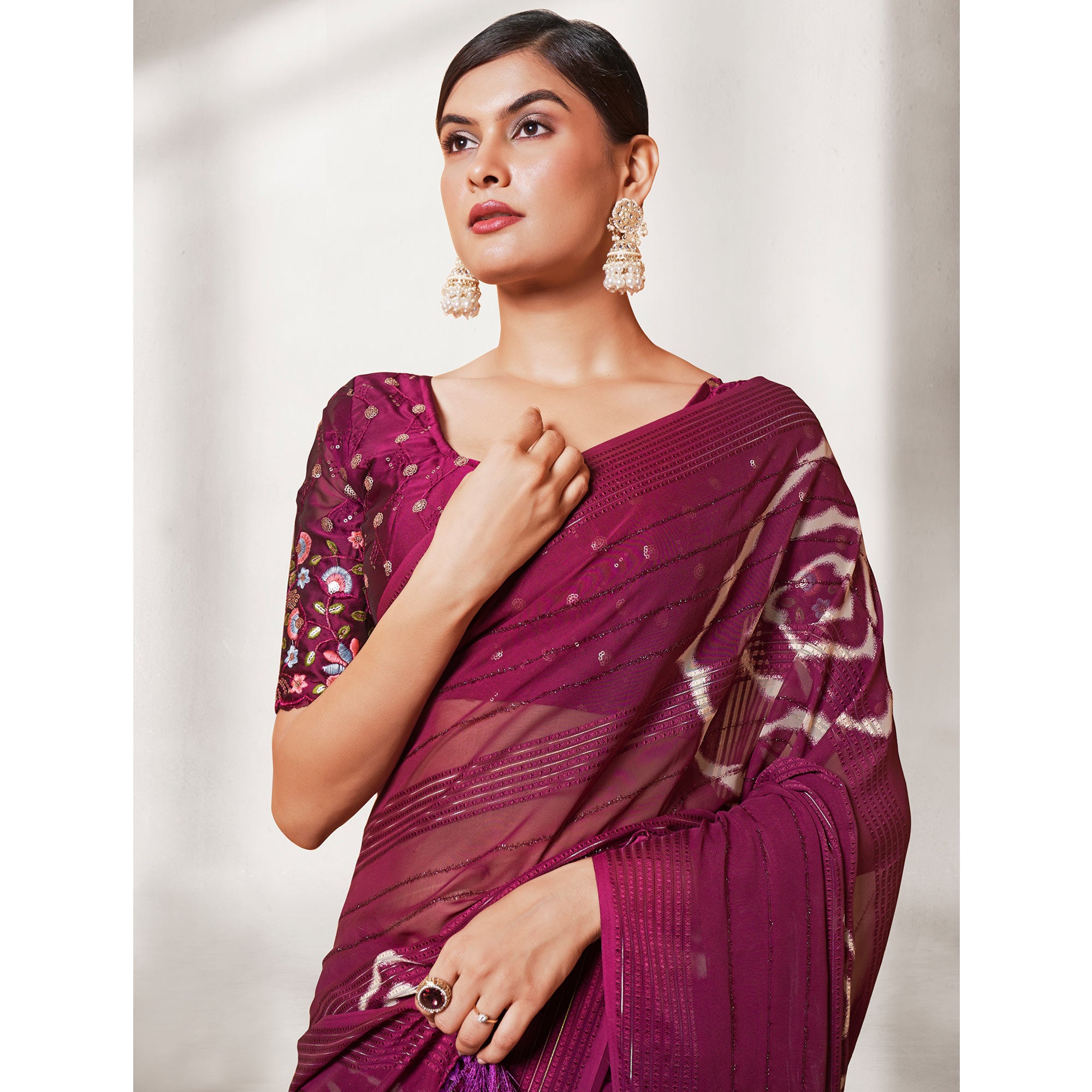 Wine Printed Wiht Embroidered Georgette Saree