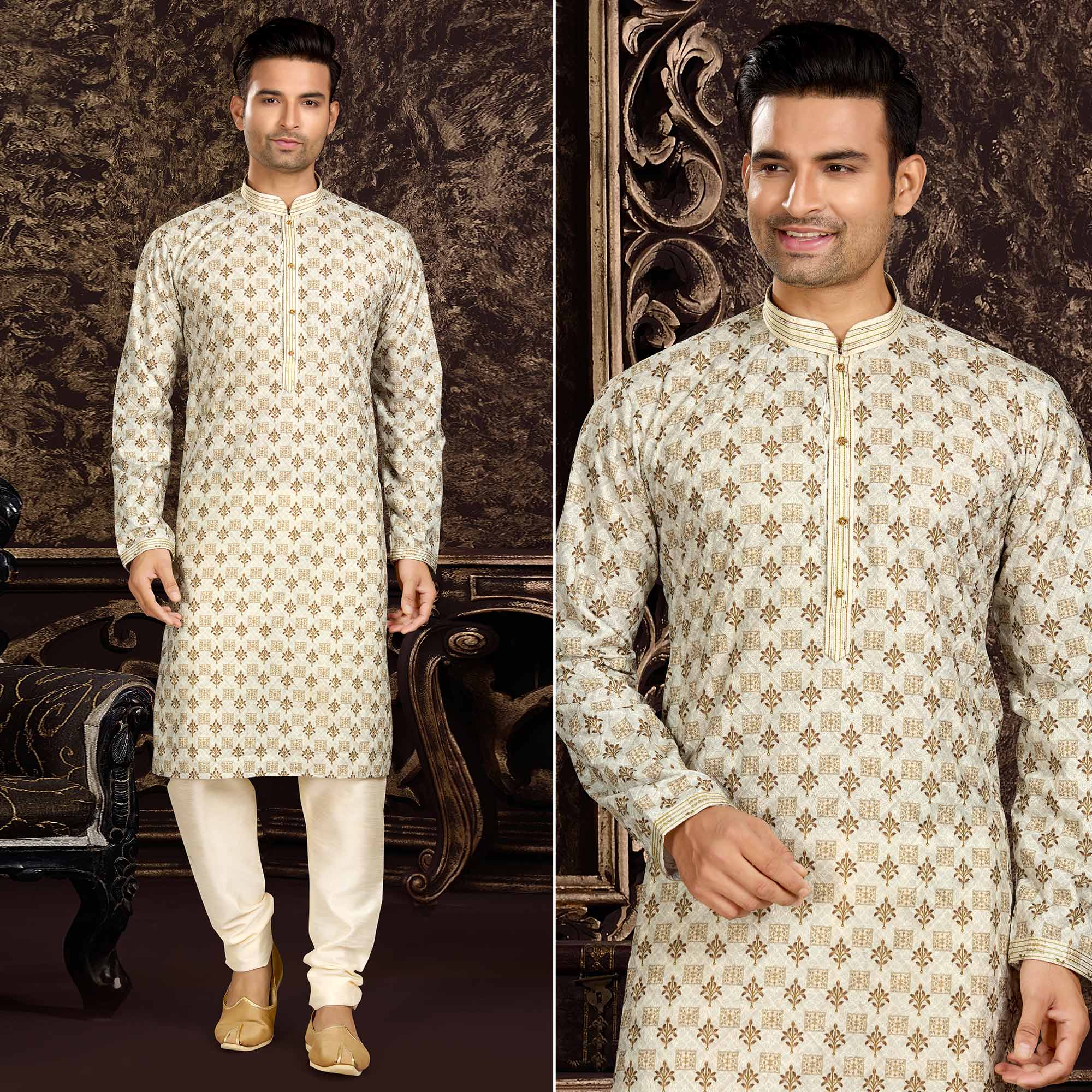 Cream Lucknowi And Digital Printed Cotton Kurta Pyjama Set