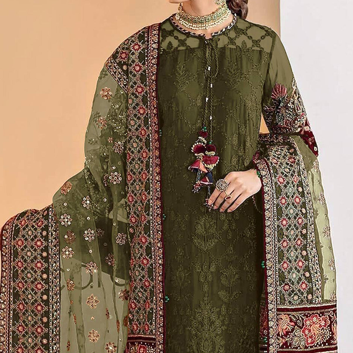 Mehendi Green Sequins Embroidered Georgette Pakistani Suit