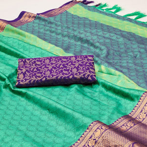 Light Rama Green Printed And Woven Cotton Silk Saree With Tassels