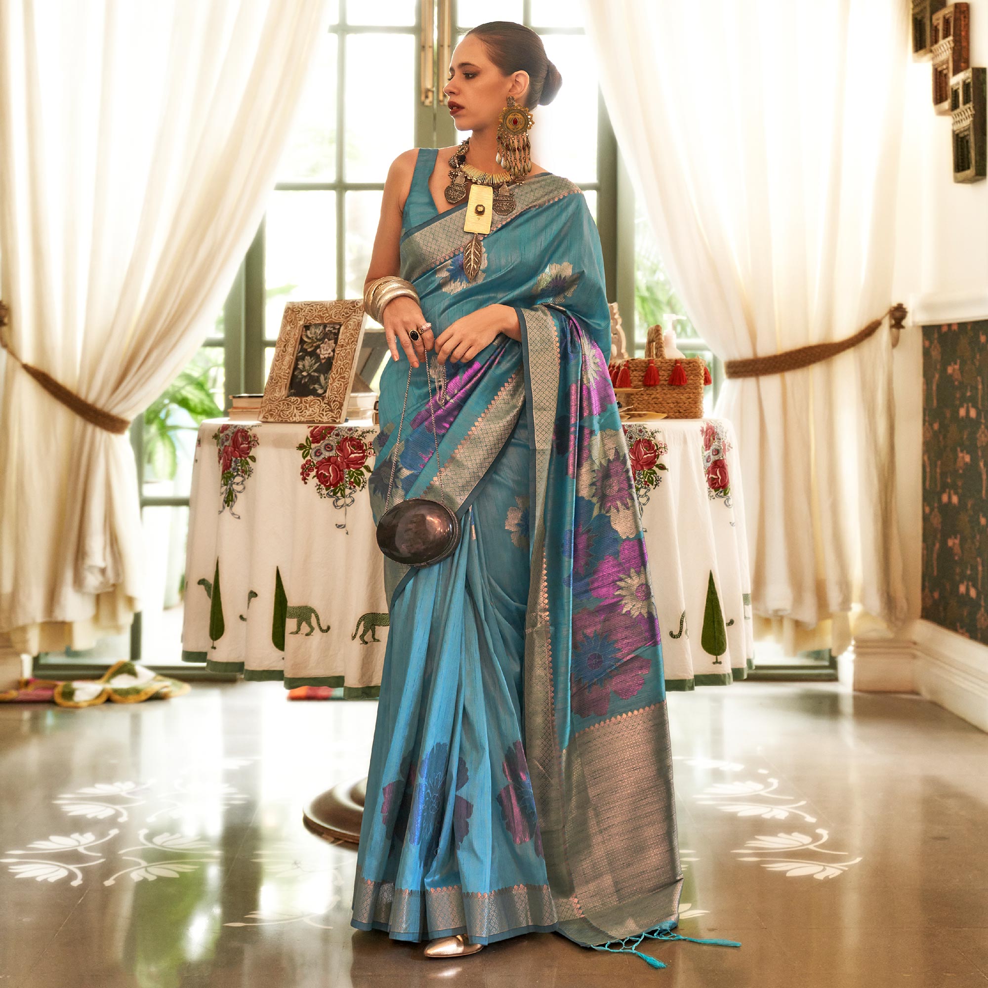 Sky Blue Woven Art Silk Saree With Tassels
