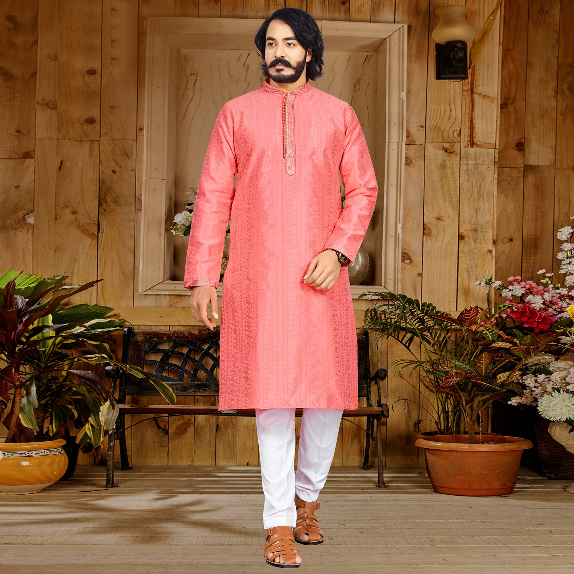 Pink Woven Jacquard Kurta Pyjama Set