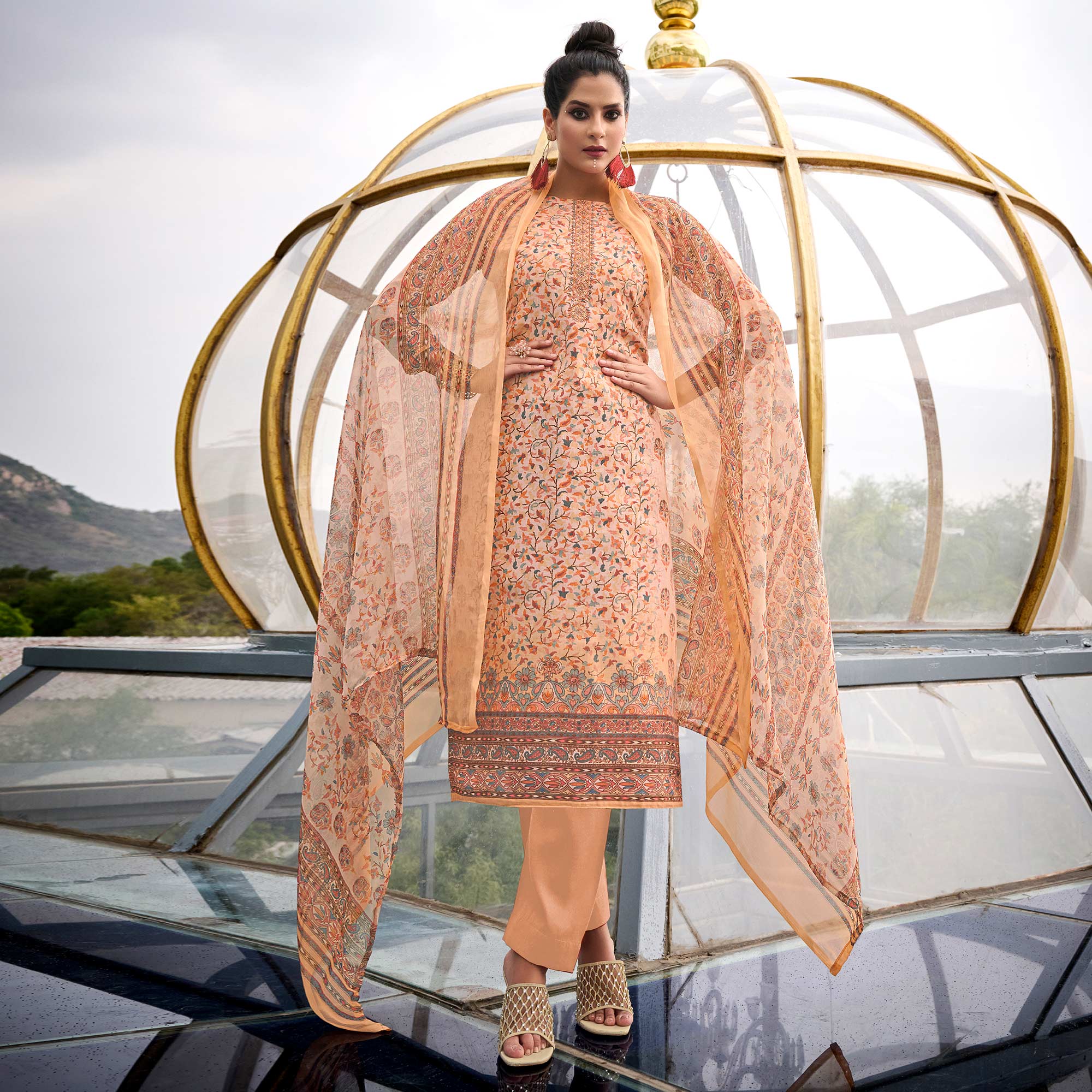 Peach Printed With Embroidered Pure Cotton Salwar Suit