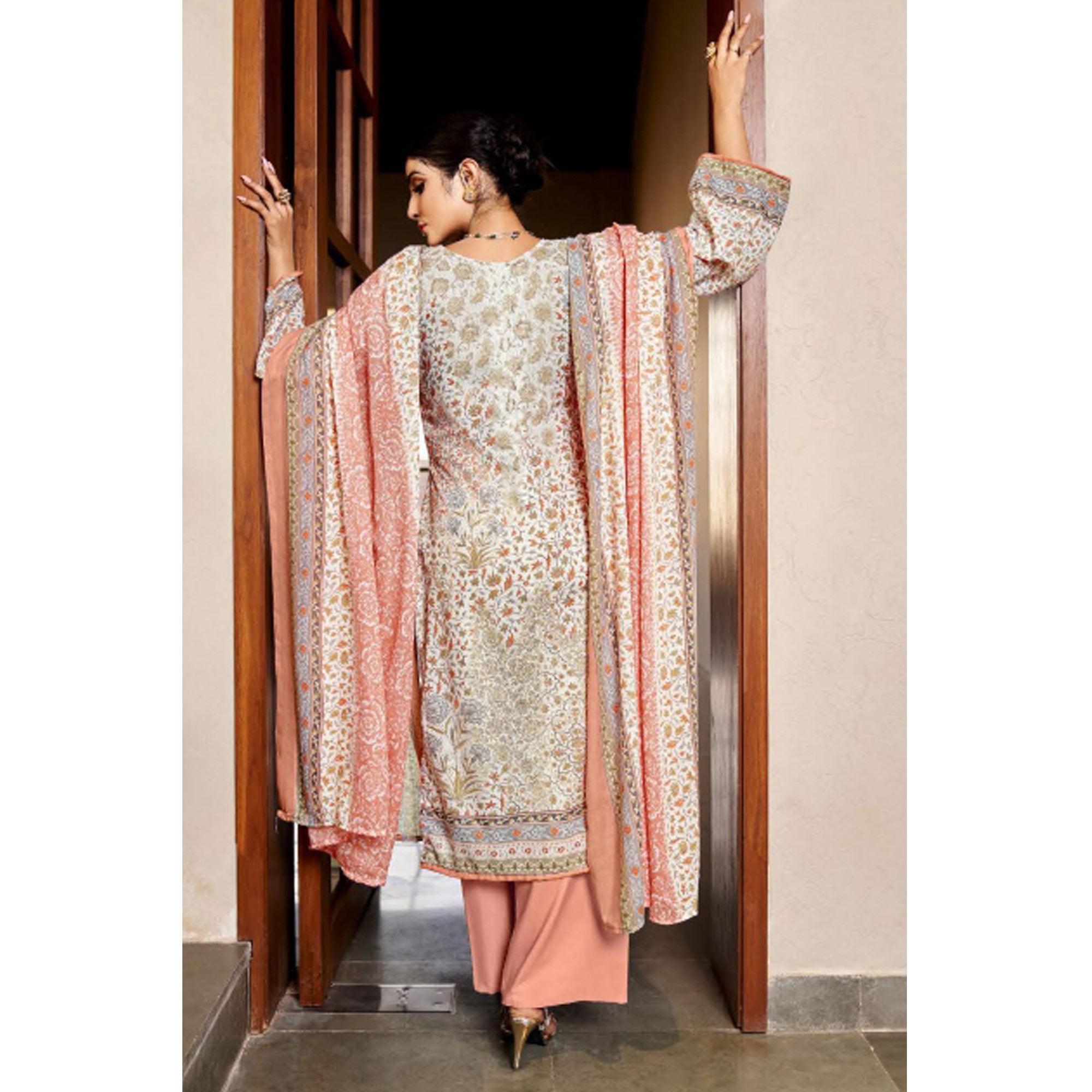 White & Peach Floral Print With Embroidered Pure Cotton Salwar Suit