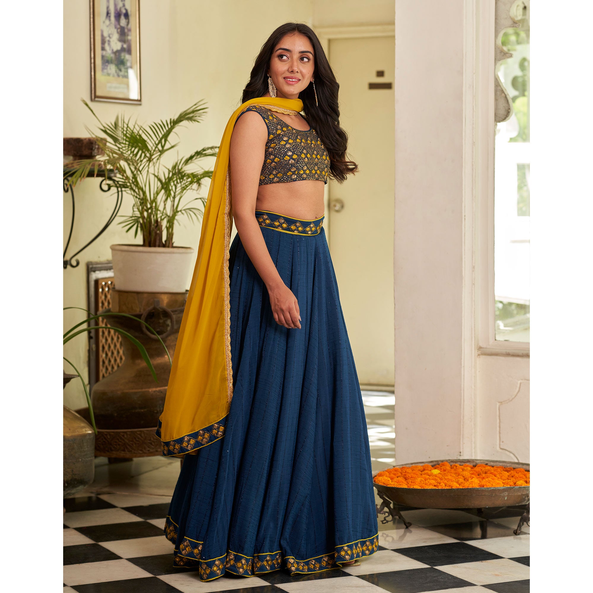 Blue Sequins Embroidered Chanderi Lehenga Choli