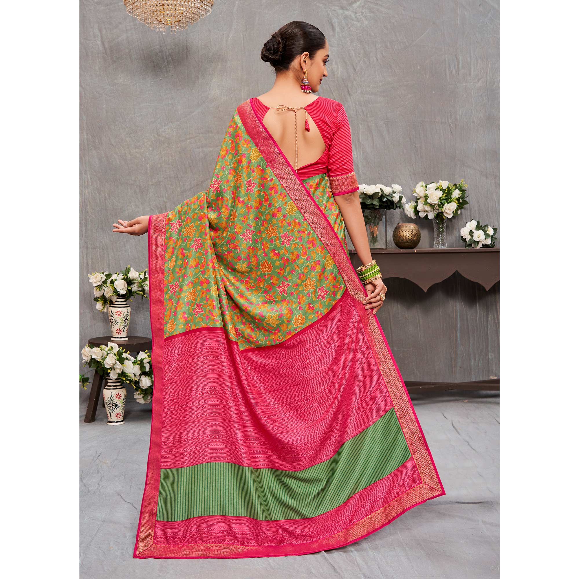 Green Floral Printed Tussar Silk Saree