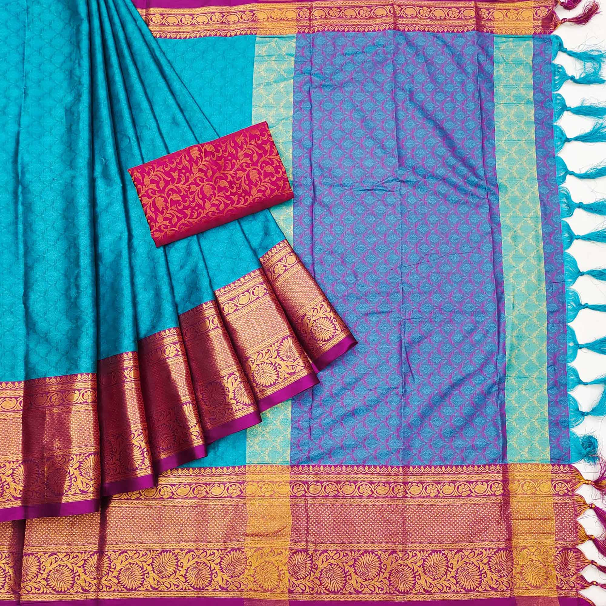Sky Blue Printed And Woven Cotton Silk Saree With Tassels