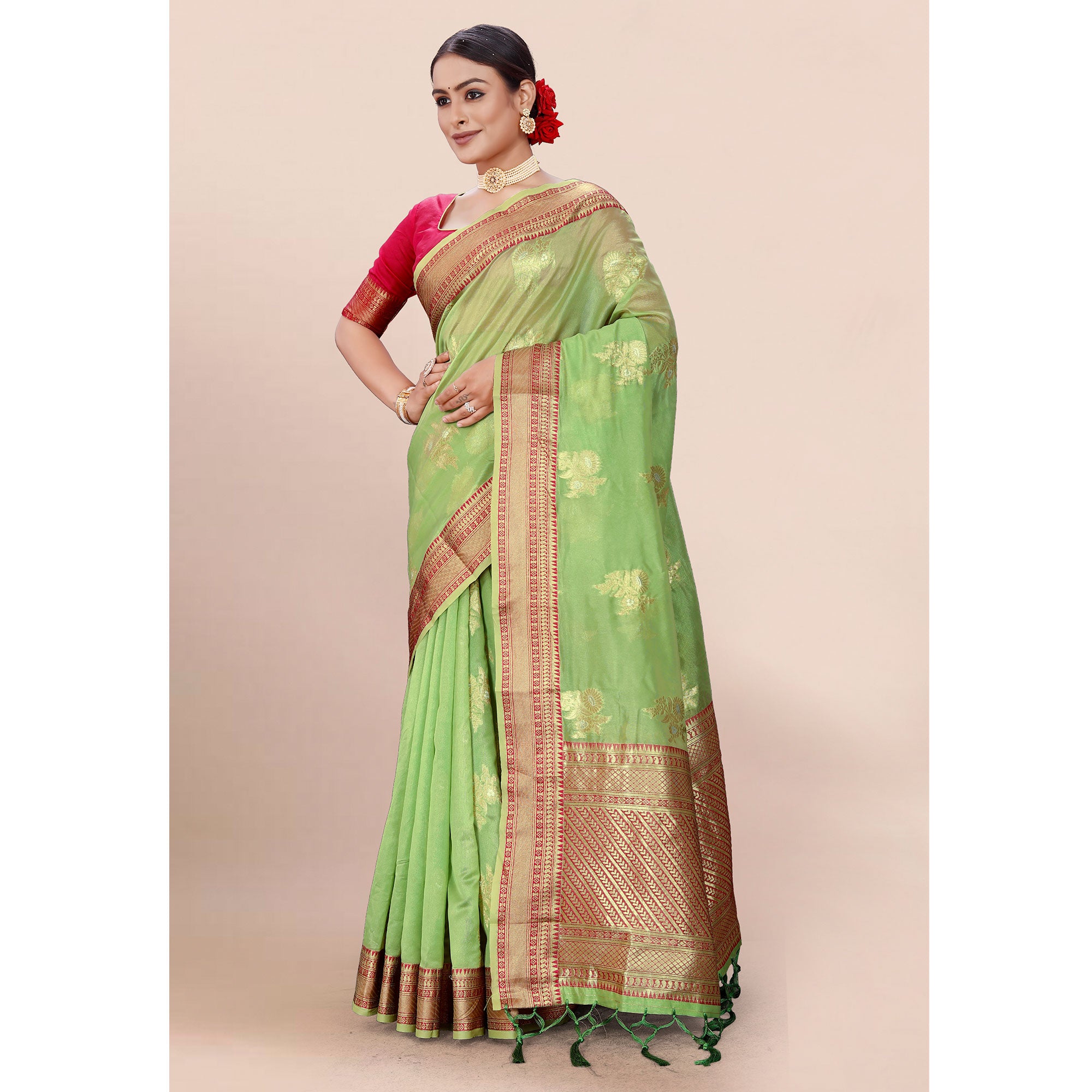 Green Woven Organza Saree With Tassels