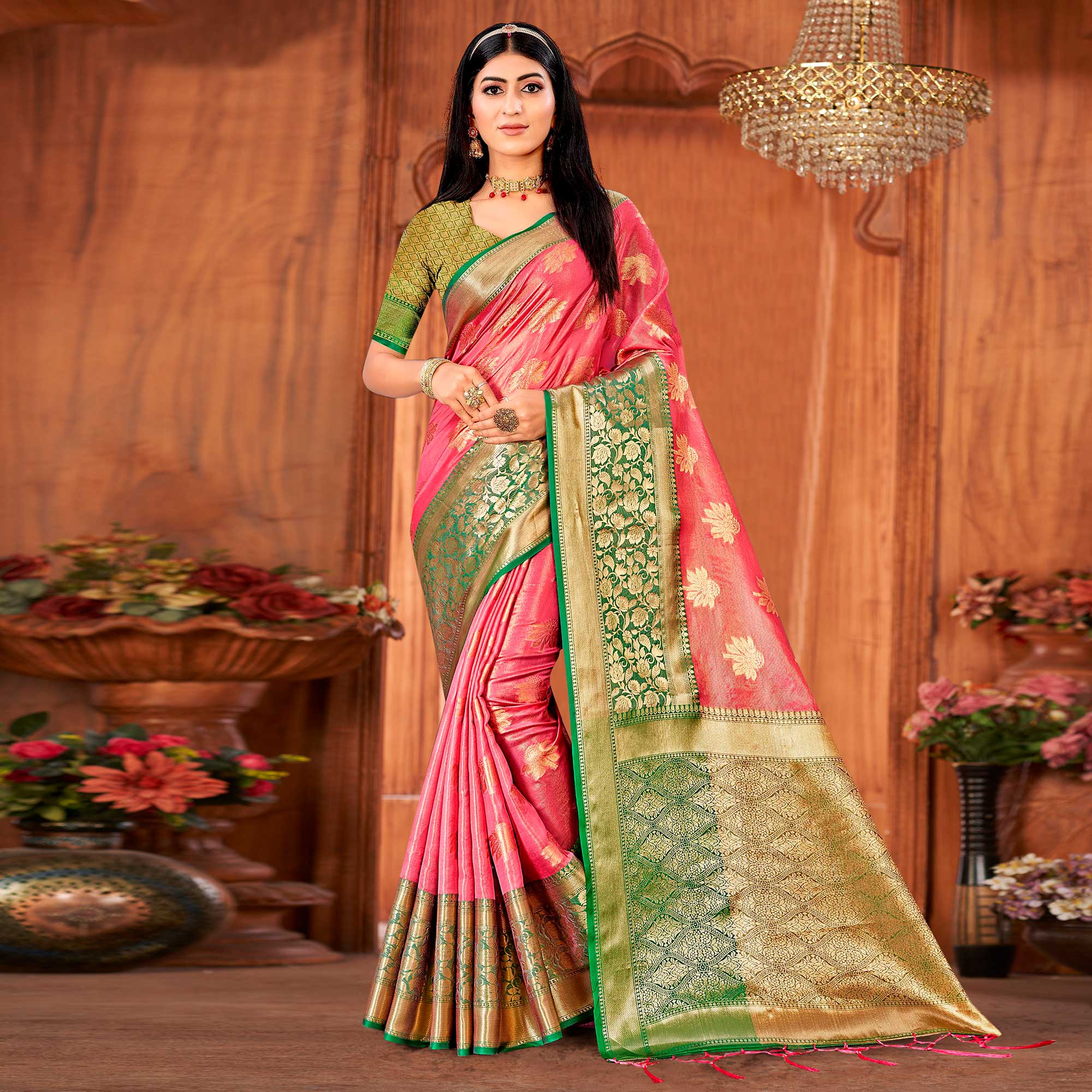 Pink Woven Art Silk Saree With Tassels