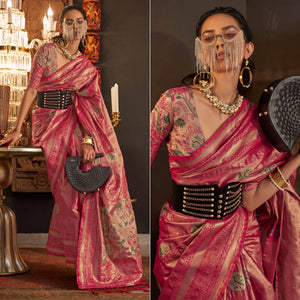 Pink Woven Art Silk Saree With Tassels