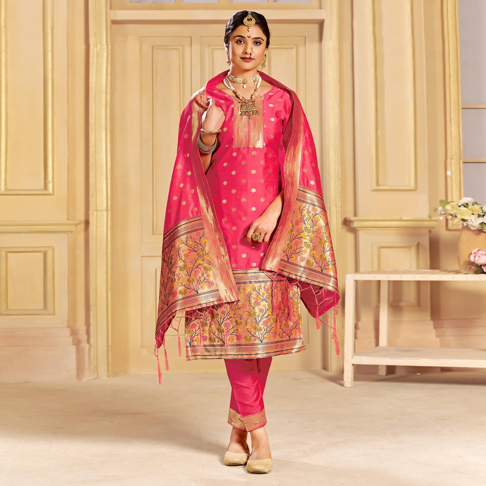 Pink Floral Woven Tapetta Silk Salwar Suit