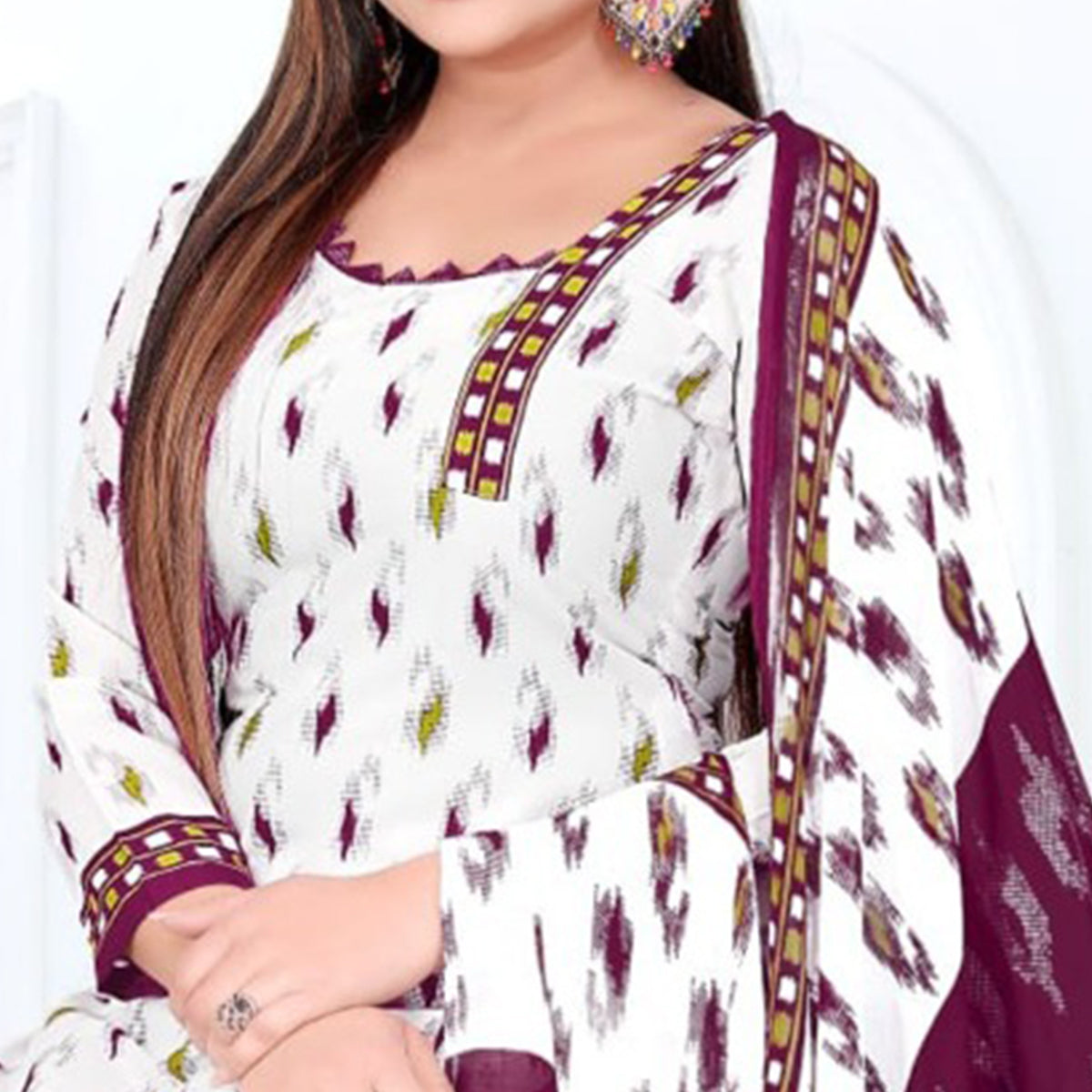 White And Purple Printed Crepe Patiala Dress Material