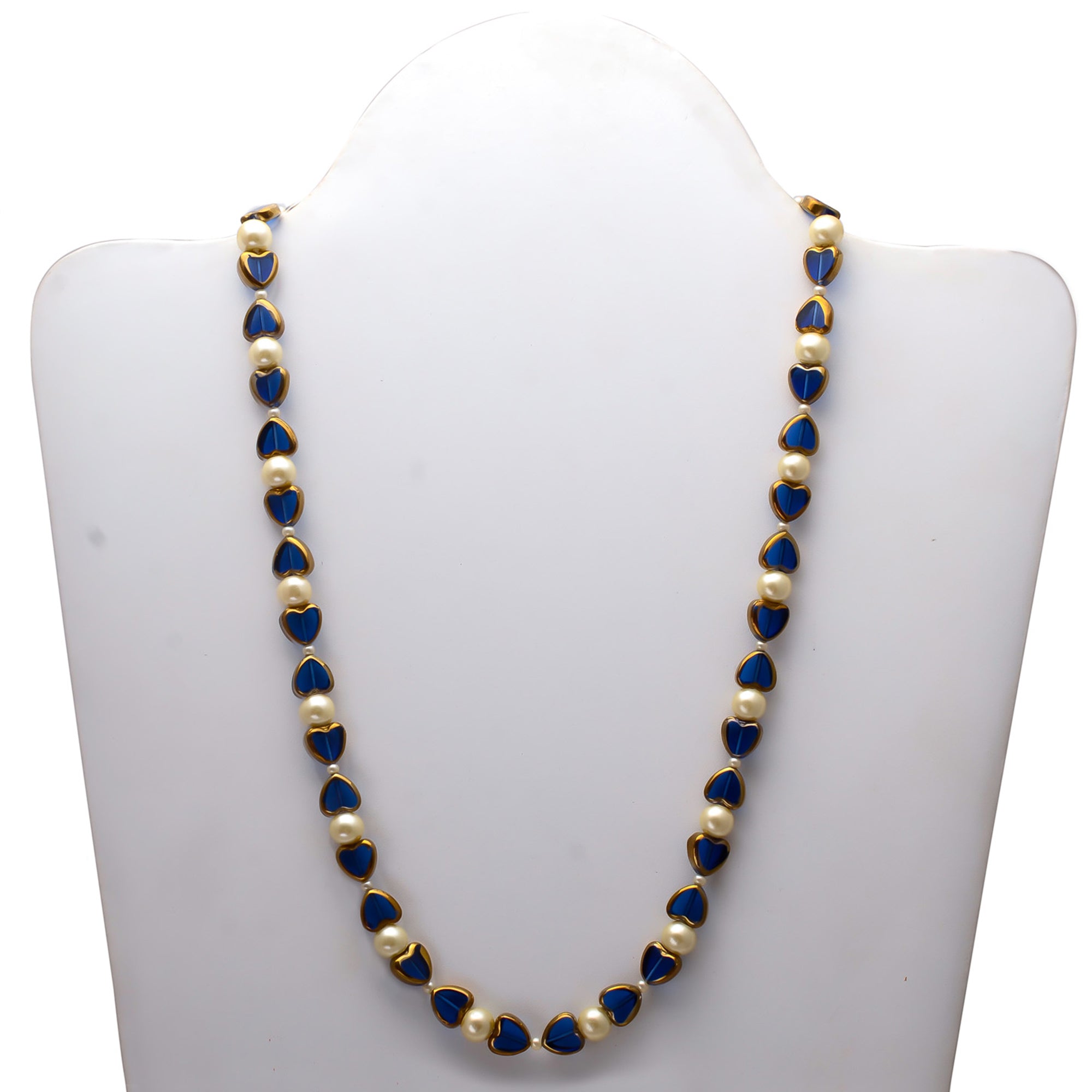 Blue Heart Stones With Pearl Mala
