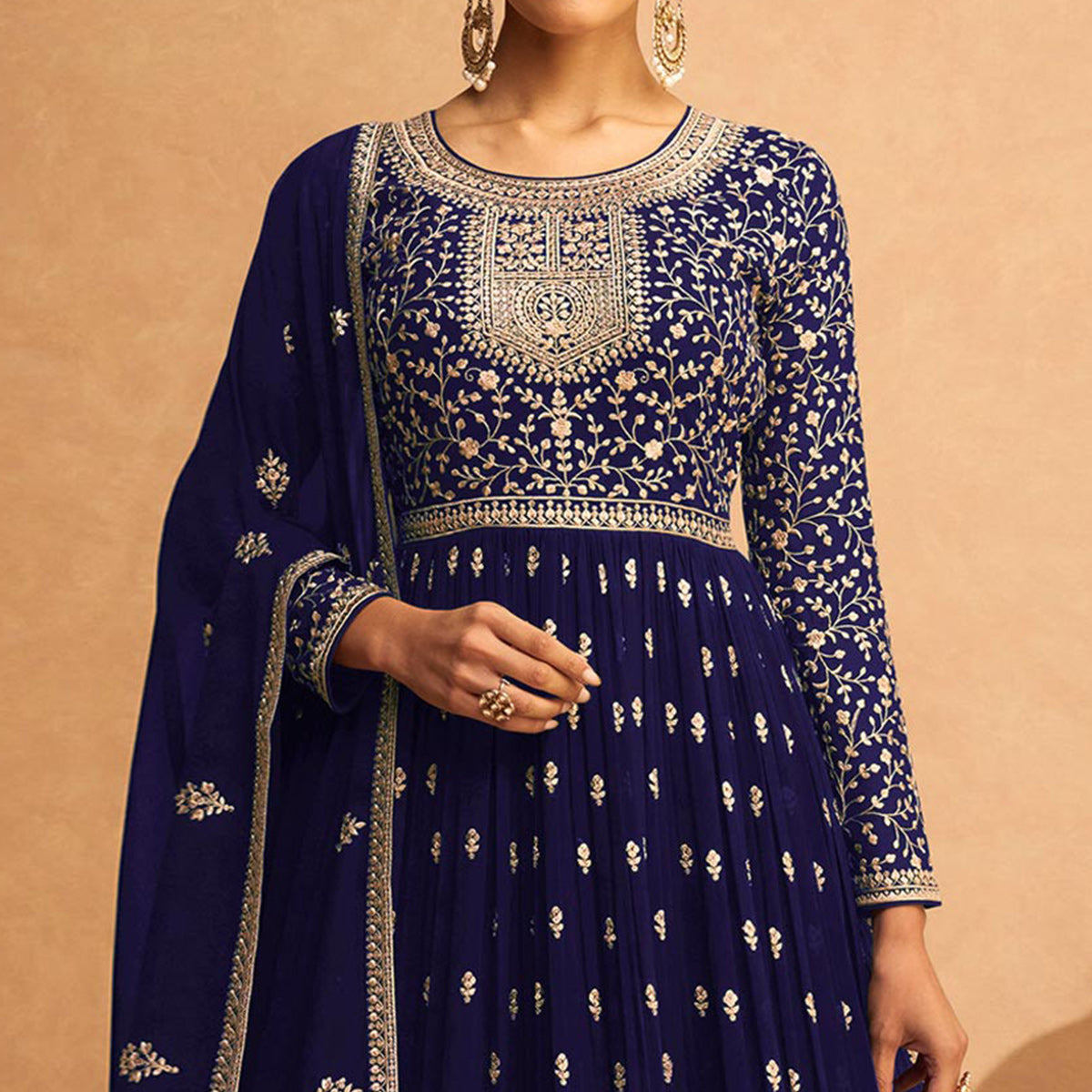 Navy Blue Floral Sequins Embroidered Georgette Semi Stitched Anarkali Suit