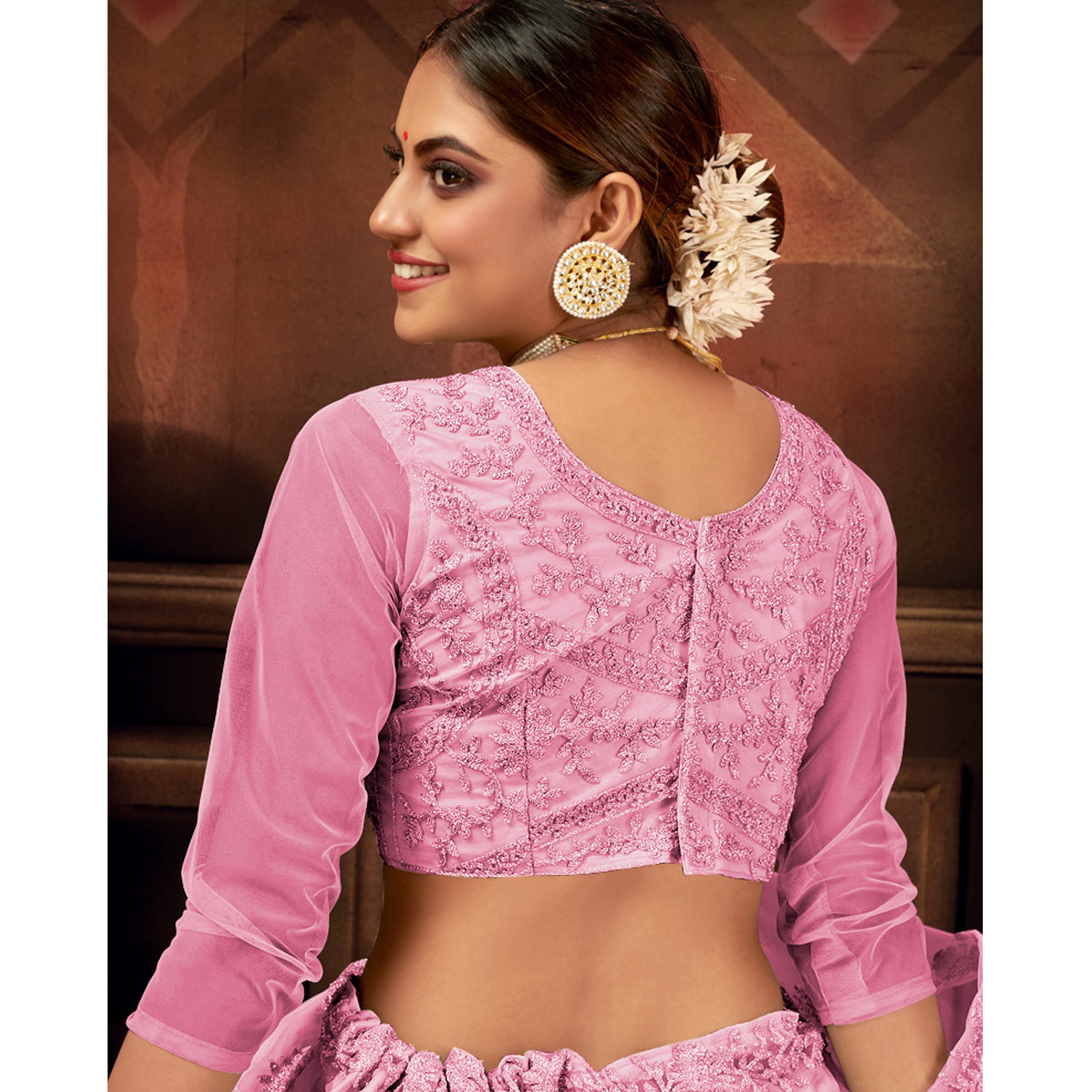 Pink Embroidered Netted Lehenga Choli