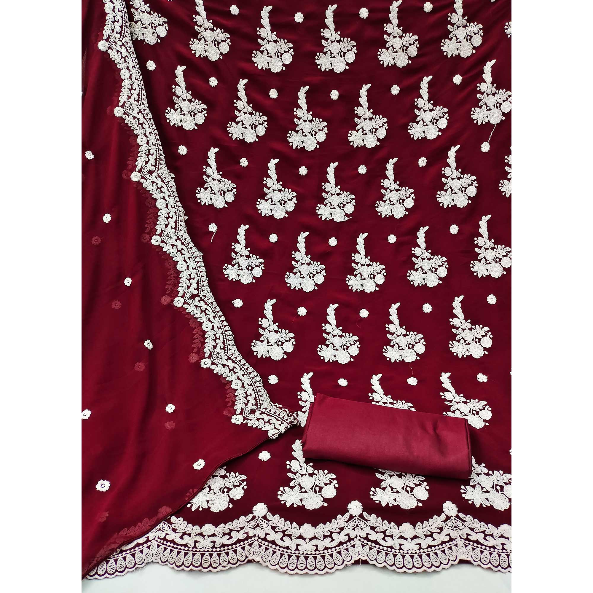 Maroon Floral Embroidered Georgette Dress Material