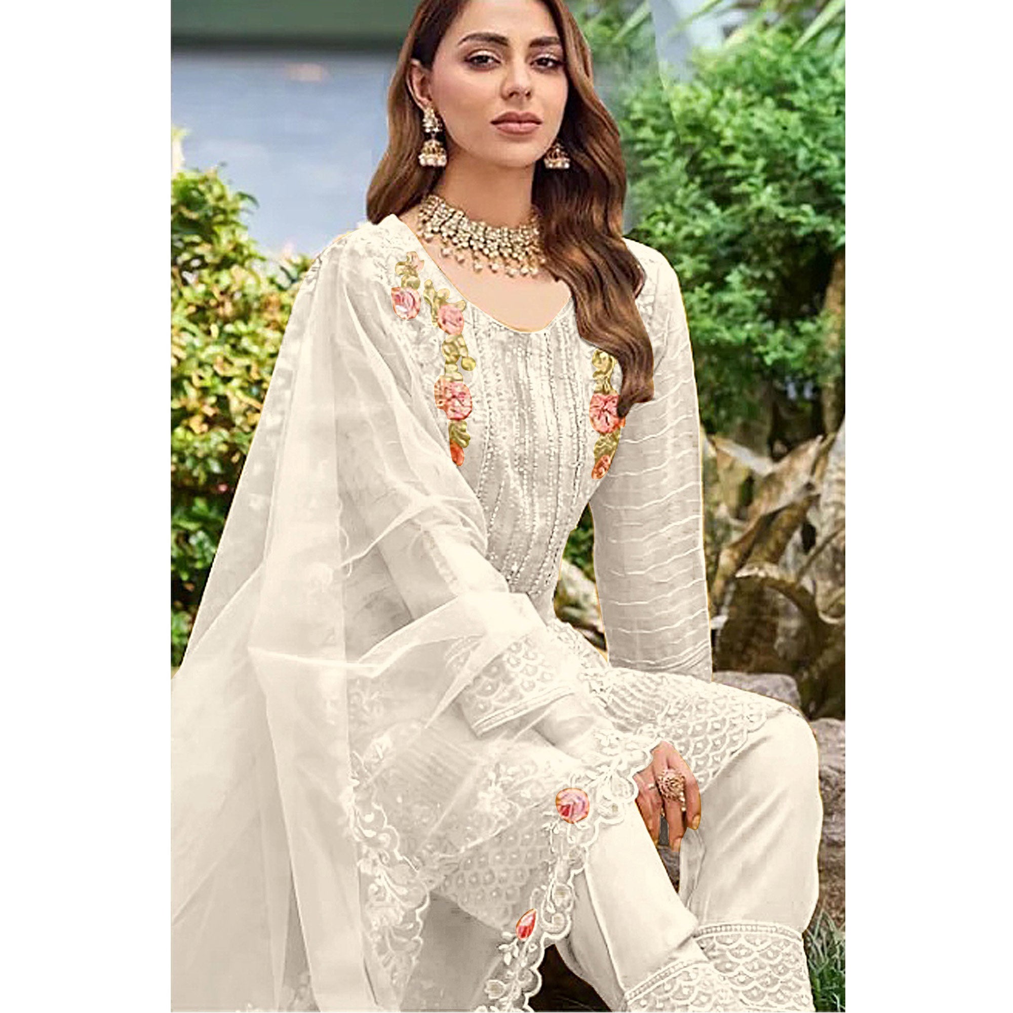 White Floral Embroidered Organza Pakistani Suit