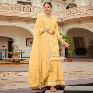 Yellow Mirror Work Georgette Sharara Suit