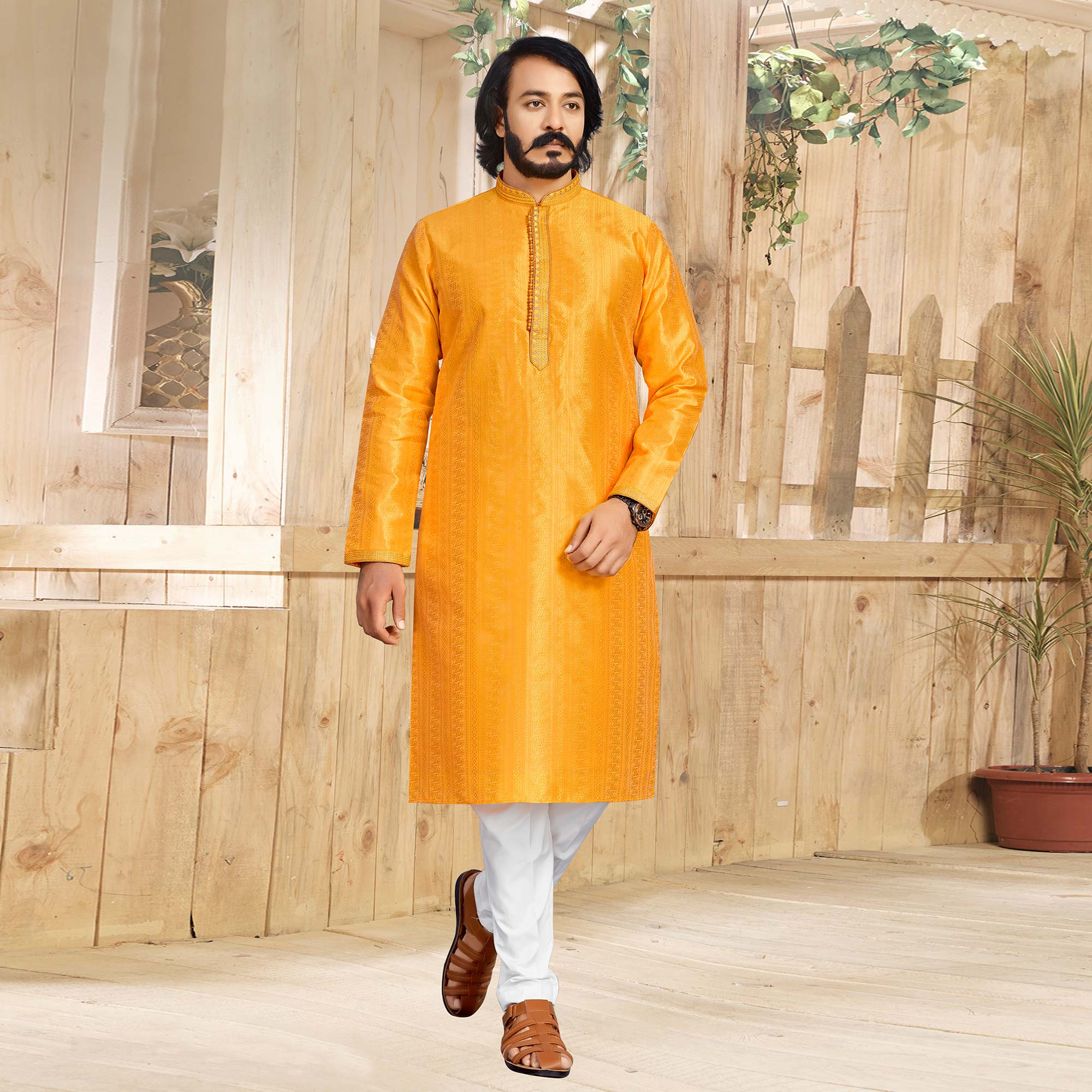 Orange Woven Jacquard Kurta Pyjama Set