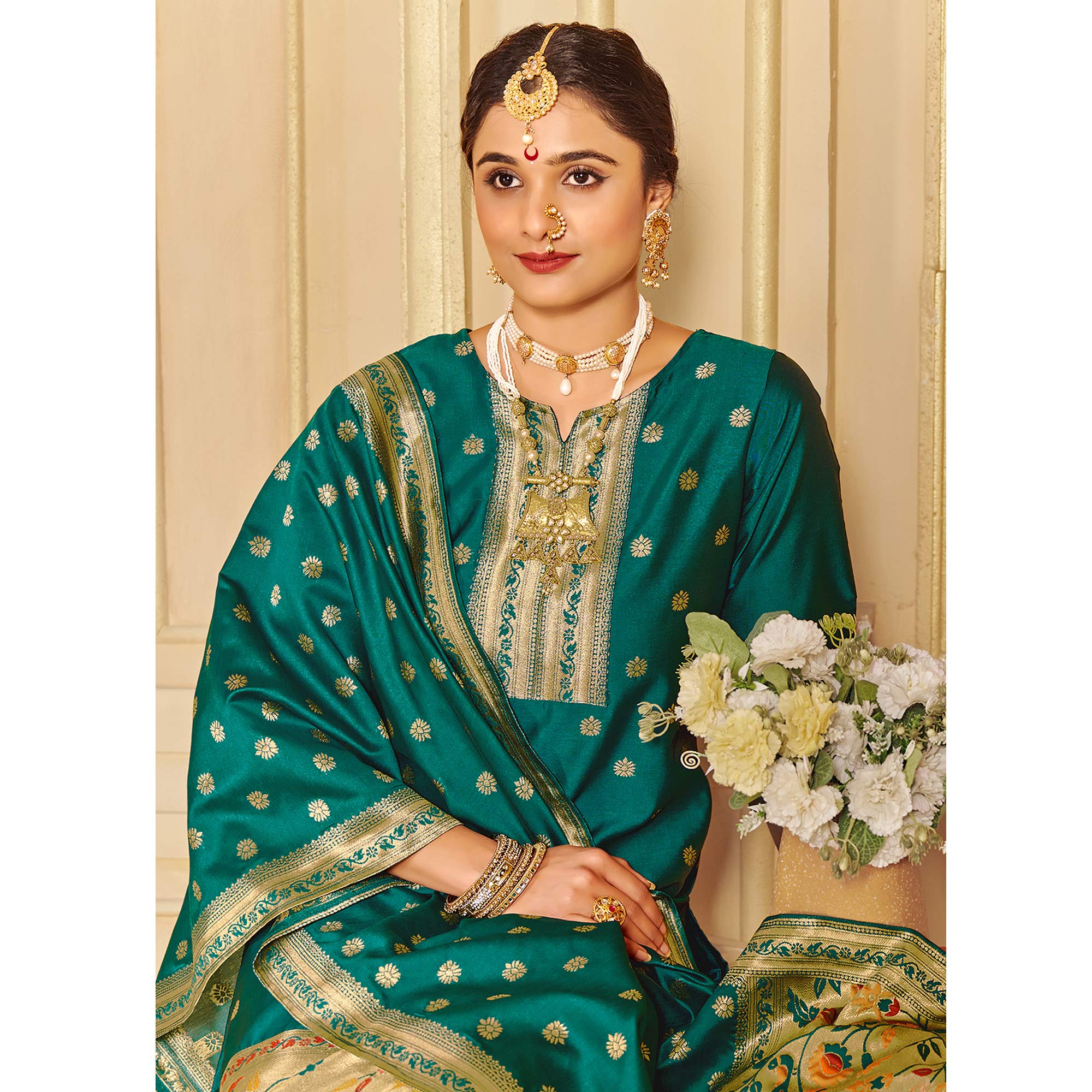 Green Floral Woven Tapetta Silk Salwar Suit