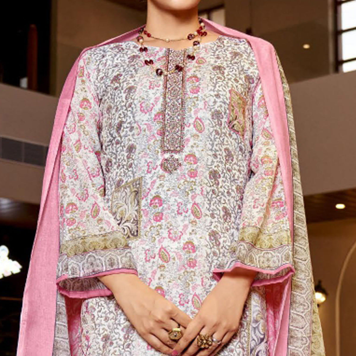 White & Pink Floral Print With Embroidered Pure Cotton Salwar Suit
