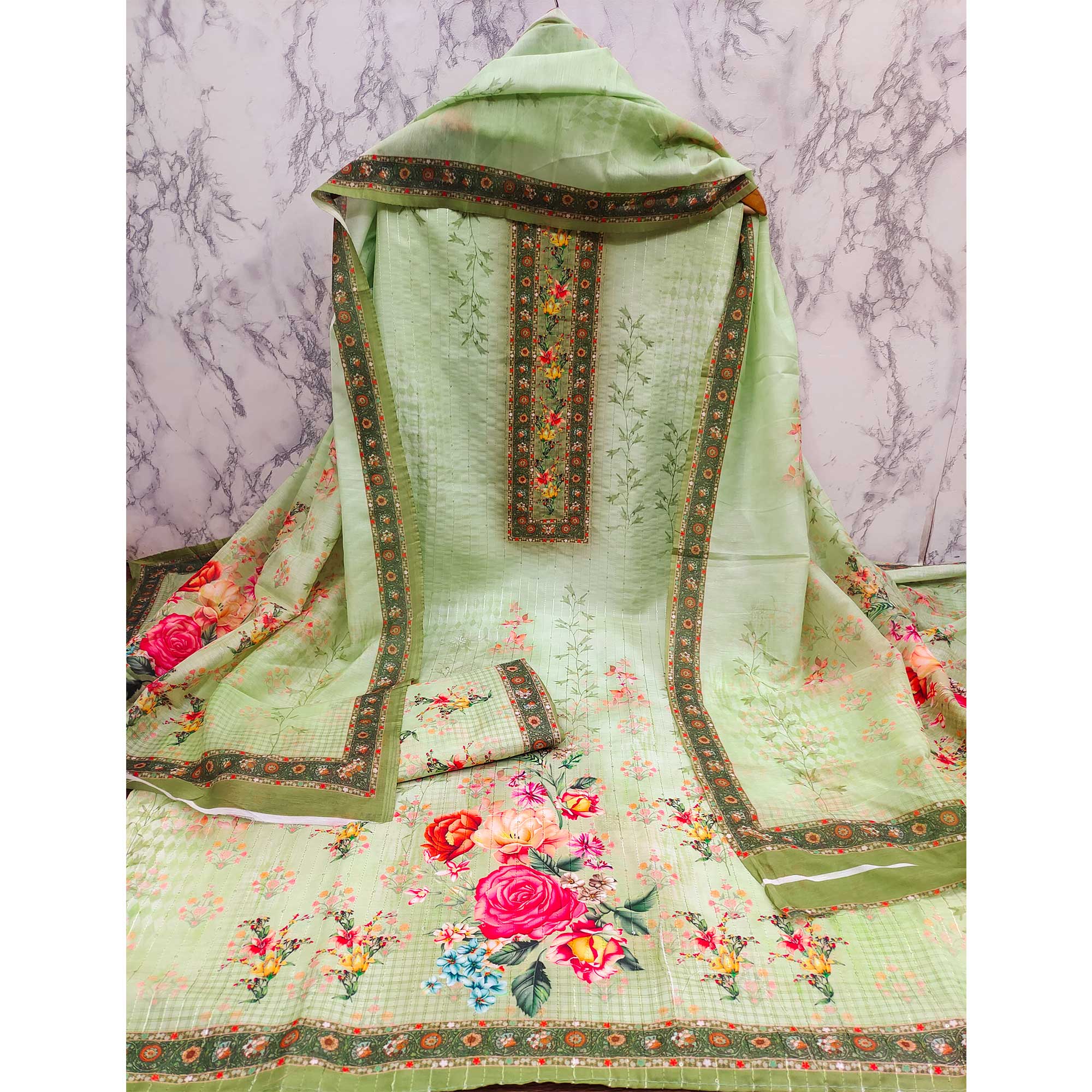 Green Floral Digital Printed Muslin Dress Material