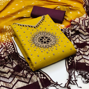 Yellow Pearl Handwork Cotton Slub Dress Material