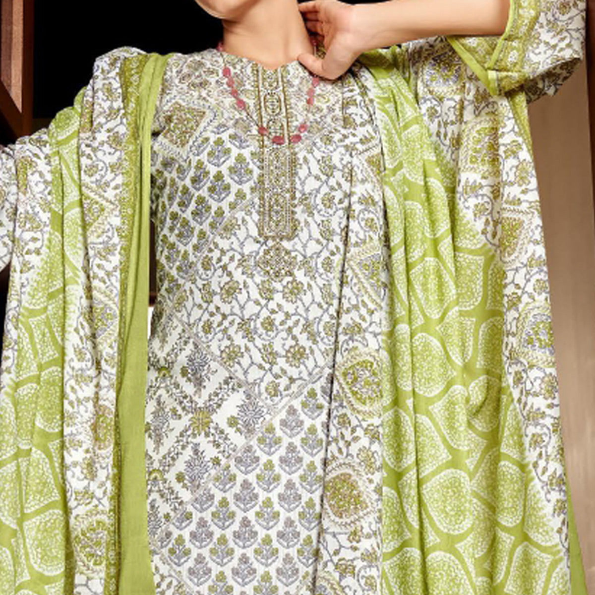 White & Green Floral Print With Embroidered Pure Cotton Salwar Suit