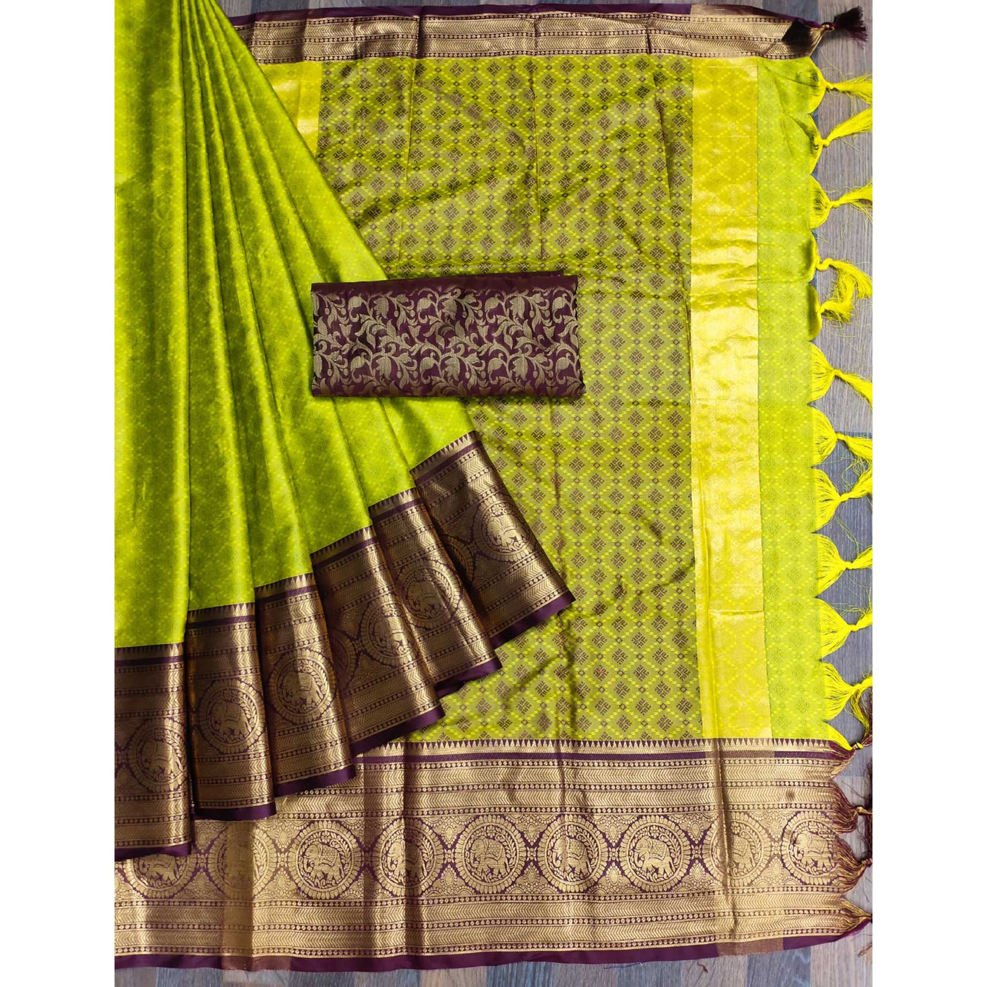 Green Woven Cotton Silk Saree With Tassels