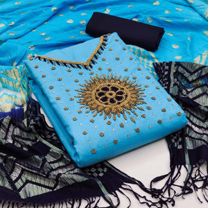 Sky Blue Pearl Handwork Cotton Slub Dress Material