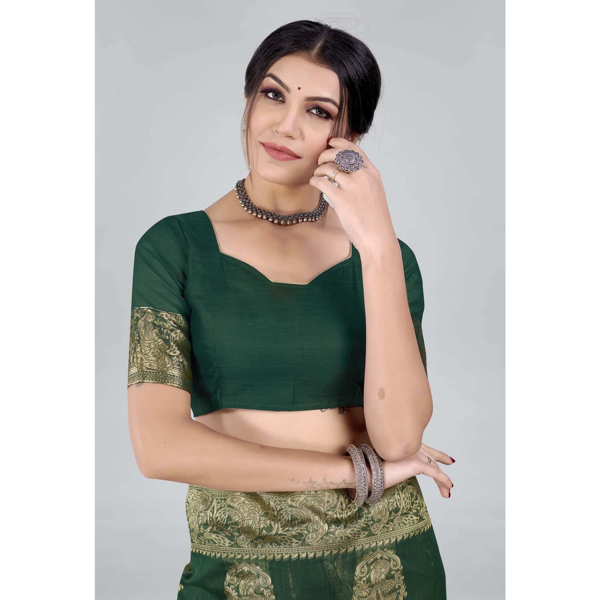 Green Woven Organza Saree With Tassels