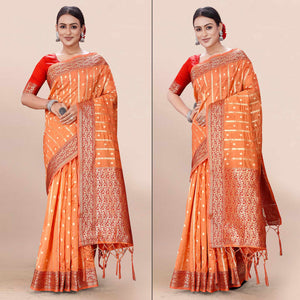 Orange Woven Organza Saree With Tassels