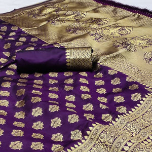 Purple Woven Jacquard Saree With Tassels