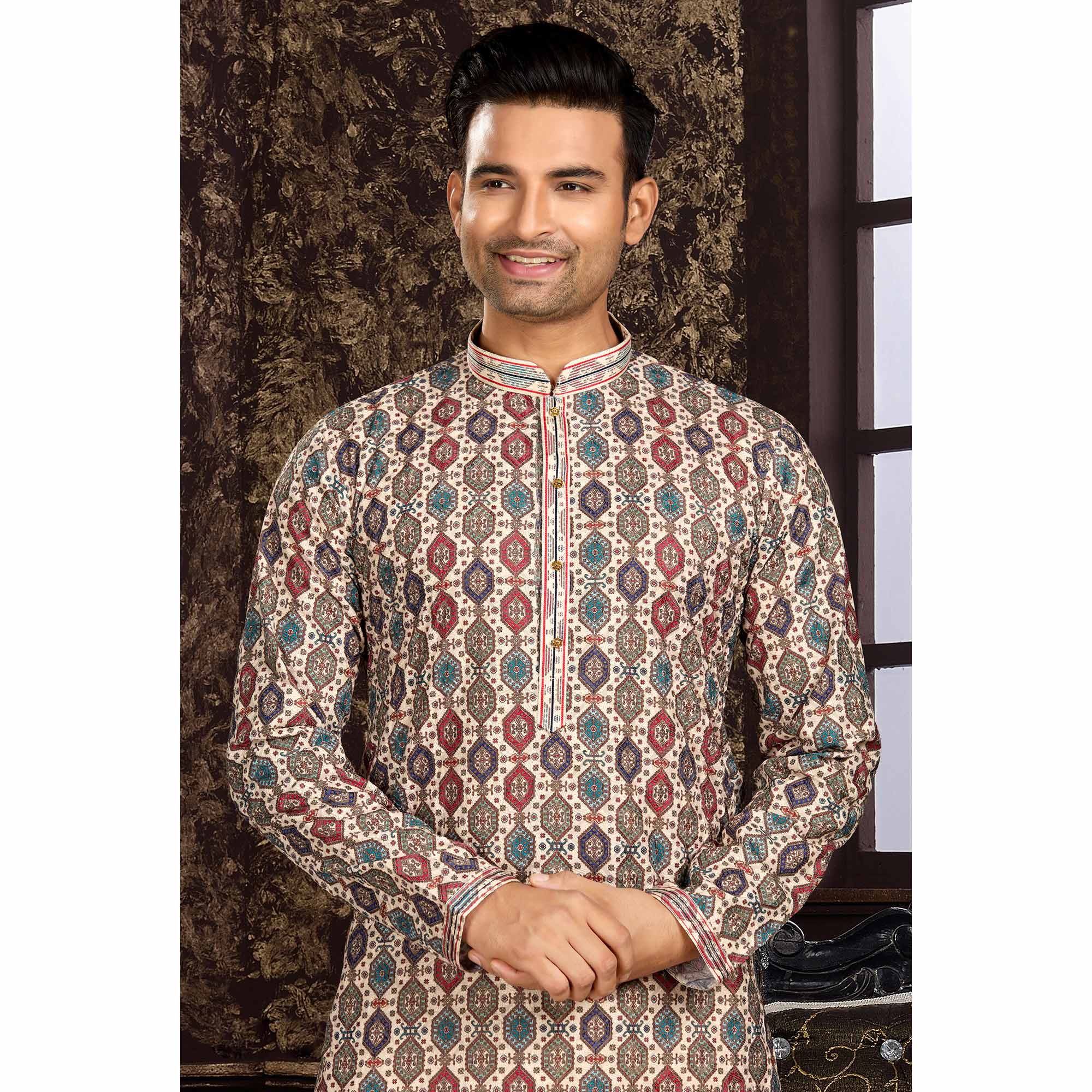Multicolor Lucknowi And Digital Printed Cotton Kurta Pyjama Set