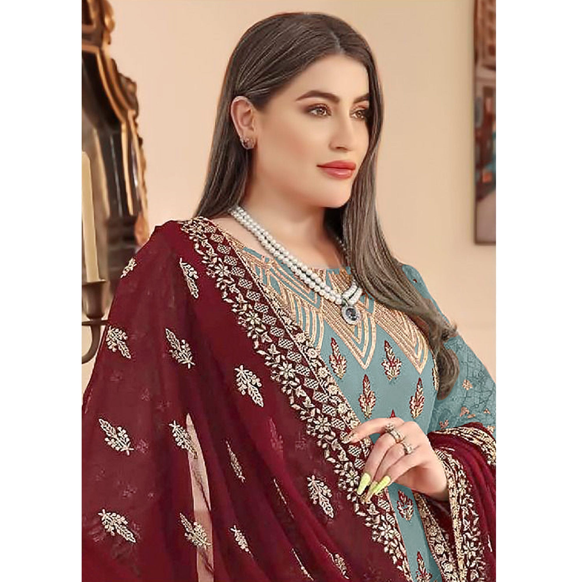 Sky Blue Sequins Embroidered Georgette Pakistani Suit